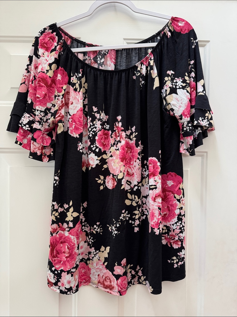 Sew In Love Black Off-Shoulder Tunic with Pink Floral Print